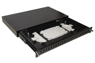CASSETTO FIBRA OTTICA 24 PORTE PER ADATTATORI LC DUPLEX E SC SIMPLEX 1 UNITA' PER INSTALLAZIONE 19" NERO CON BINARI TELESCOPICI (LKFO24N)