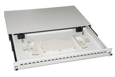 CASSETTO FIBRA OTTICA 24 PORTE PER ADATTATORI LC DUPLEX E SC SIMPLEX 1 UNITA' PER INSTALLAZIONE 19" GRIGIO CON BINARI TELESCOPICI (LKFO24GR)