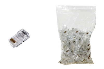CONFEZIONE 100 PZ CONNETTORI 8 POLI PLUG RJ45 CAT.5E UTP  (LKPL85U) CON FORI PER AGEVOLARE INSERIMENTO CAVI