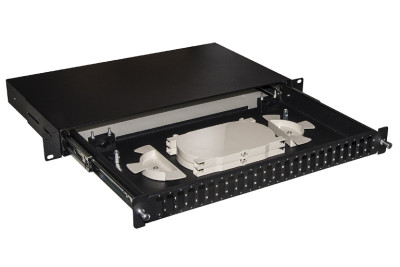 CASSETTO FIBRA OTTICA 24 PORTE PER ADATTATORI SC DUPLEX 1 UNITA' PER INSTALLAZIONE 19" NERO CON BINARI TELESCOPICI (LKFO24SCDN)