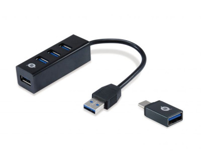 HUB 3 PORTE USB 3.2 GEN 1 (3.1 GEN 1) TYPE-A (HUBBIES04B) NERO CON ADATTATORE USB-C