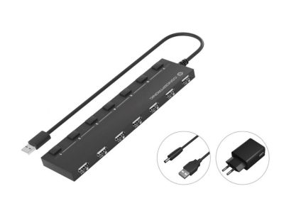 HUB 7 PORTE USB 2.0 (HUBBIES08BP) NERO ALIMENTATO